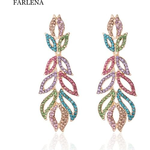 Fashion Jewelry Leaf Drop Earrings Full Crystal Rhinestones Bridal Wedding Party Earrings Long