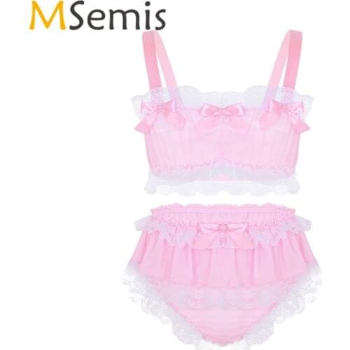 2Pcs Mens Sissy Lingerie Male Underwear Sissy Panties Ruffled Lace Sheer Chiffon Gay Crop Top with Skirted Petticoated Panties