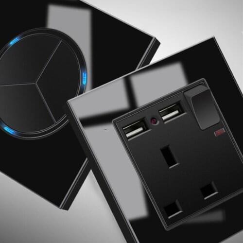 UK Standard Black Glass Wall Switch Wall Socket 1Gang 2Gang 3Gang 4Gang 1Way 2Way TV Computer Doorbell CAT6 Computer Socket