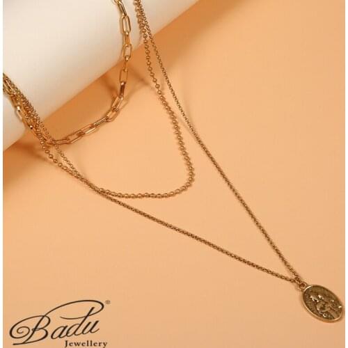 Badu Sweater Necklace Metal Safety Buckle Golden Coin Pendant Round Beaded Chain Punk Style Simple Lock Chain Women Elegant Gift