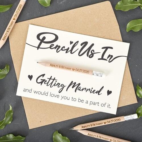 Personalised Pencil Us In Save the Dates - welcome Wedding Invitations - Engraved - Kraft Style Backing card & Envelopes Options