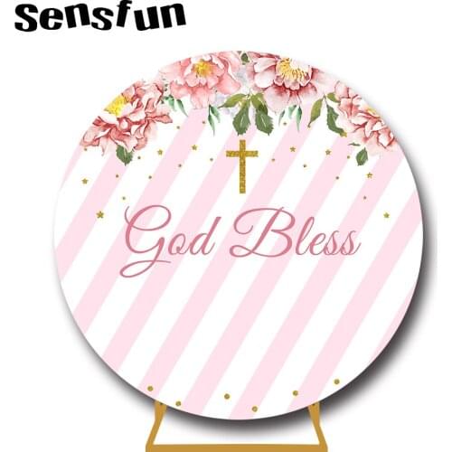 Sensfun Pink White Striped Flowers Glitter Cross Gold Bless Round Backdrop Cover Baby Shower Baptism Christening Day Background