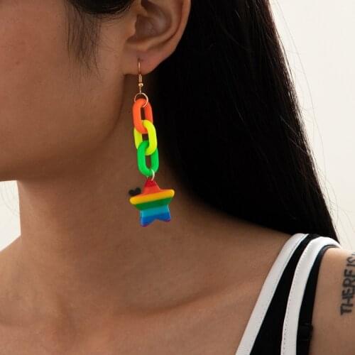 TIMEONLY Funny Neon Green Rainbow Star Dangle Earrings Multi Color Arcylic Link Chain Earrings for Women Festival Gifts Jewelry