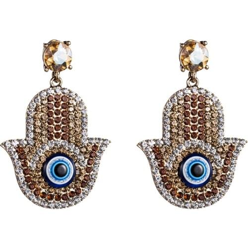 Evil Eye Fatima Hand Rhinestone Long Drop Earrings Exaggerate Creative Turkish Fashion Zircon Dangle Earring Women Party Jewelry
