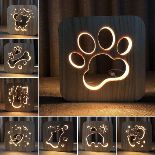 LED USB Night Light Wooden Dog Paw Cat Wolf Head Animal Lamp Novelty Kid Bedroom 3D Decoration Table Lights Child Gift