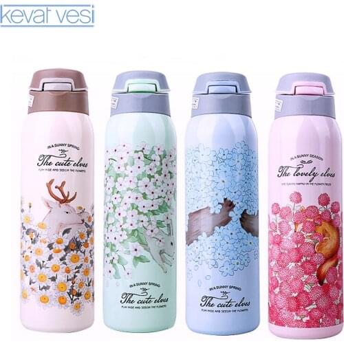 350/480Ml Japanese Style Water Cup with Straw Stainless Steel Cute Thermos Bottle Outdoor Travel Water Bottle with Rope for Girl