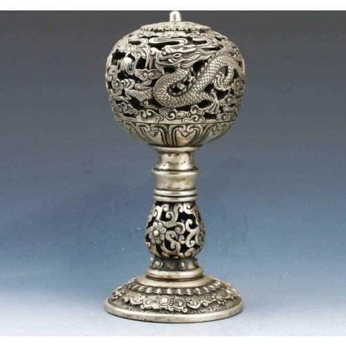 Tibet Buddhism Chinese Old Tibet Silver Copper Hand-Carved Dragon Incense Burner Censer Statue