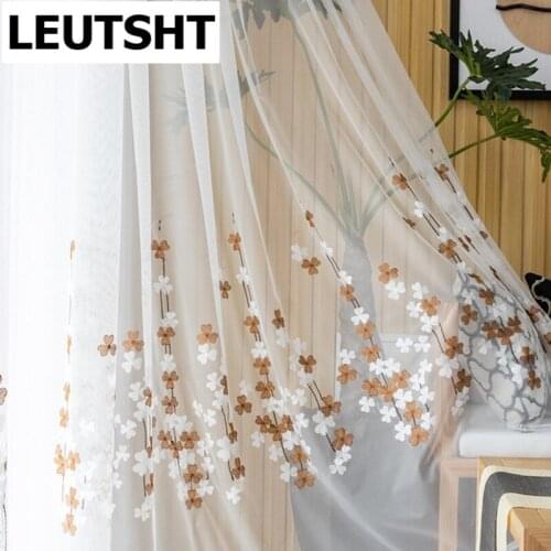 Embroidered White Tulle Curtains Sheer for Living Room Bedroom Window Brown Floral Curtain Drapes Home Decor