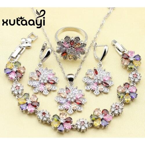 XUTAAYI Sterling Silver Jewelry Set Flower Multicolor Stone Earrings Ring Necklace Pendant Bracelet Christmas Bracelet Gift