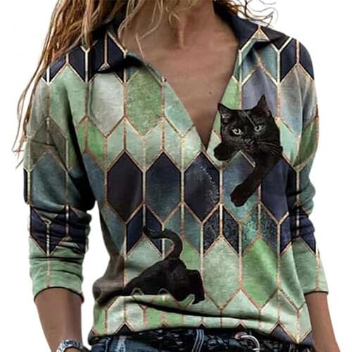 Spring Autumn Women Geometric Hexagon Cats Print Long Sleeve Turn V-Neck Loose T-shirt Streetwear vetement femme 2021
