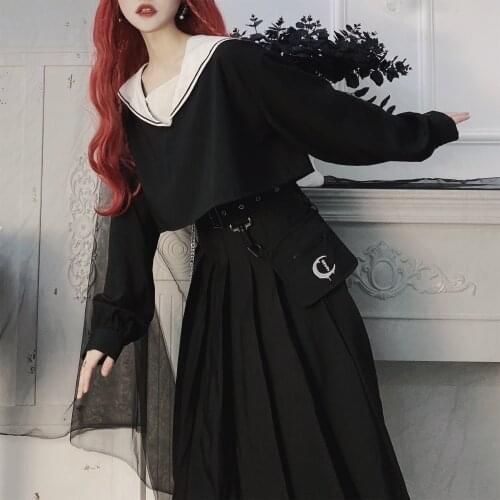 Spring Preppy style Punk Gothic Girls Harajuku Black Pleated Skirt Half-length Skirt Removable Pocket Chain Woman Pleated Skirts