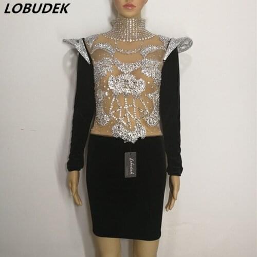 Female costume one-piece dress Crystals sexy stage bar party stage singer dancer star nightclub performance show prom star