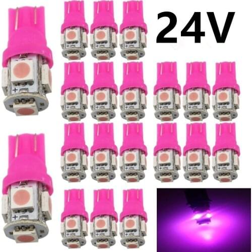 20Pcs Pink T10 W5W 5050 5SMD 168 194 192 DC 24V License Plate Led Bulbs For Car Interior Lights Reading Light Trunk Light Bulb