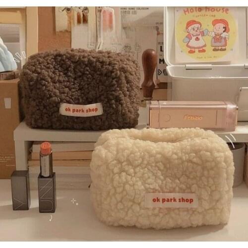 Pink Pencil Case Women Student Stationery Plush Storage Bag Lambswool Cute Japanese Students Large Capacity Kawaii Makeup