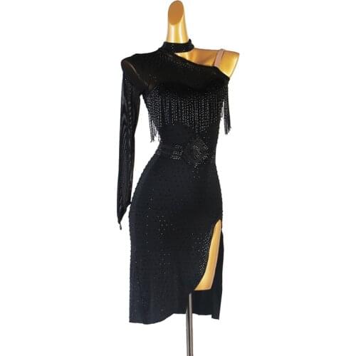 Black hot rhinestones Latin Dance Dress Performance Competition Suit Professional Flower Dress Rumba Chacha Dance Skirt