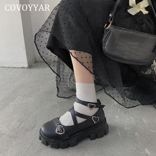 COVOYYAR College Platform Women Shoes Chunky Sole Bandage Flat Girl Shoes Cosplay Mary Janes Heart Buckle Lolita Shoes WFS4064
