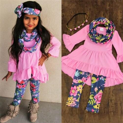 Toddler Kids Girls Clothes Flower Top Dress Pants Leggings Headband Outfits Set Kids Clothes 2-7Y
