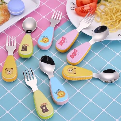 Baby Gadgets Tableware Set Children Utensil Stainless Steel Toddler Dinnerware Cutlery Cartoon Infant Food Feeding Spoon Fork