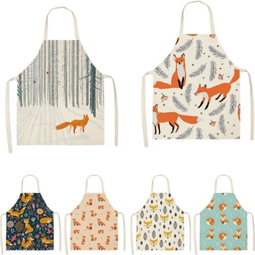 Fox Aprons Animal Printed Sleeveless Aprons Kitchen Unisex Cotton Linen Pinafore Home Cleaning Cooking Baking Waist Bib