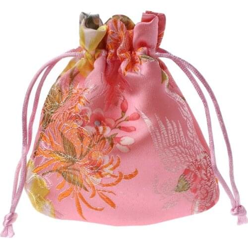 Classic Chinese Flower Embroidery Jewelry Bag Organizer Silk Traditional Pouch
