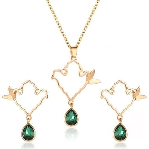 2021 New Morocco Wedding Jewelry Set for Women Fashion Gold Color Butterfly Drop Earring Pendant Necklace Arab Crystal Gift