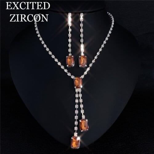Royal Fashion Orange Crystal Bride Bridesmaid Necklace Earrings Jewelry Set Rhinestone Water Drop Woman Prom Wedding Jewelry