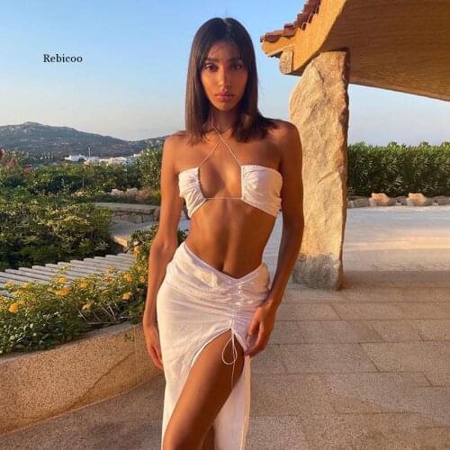 Women Sexy 2 Pieces Sets Fashion Sleeveless Halter Beach Split Boho Vacation Chic Women Matching Tracksuits Female