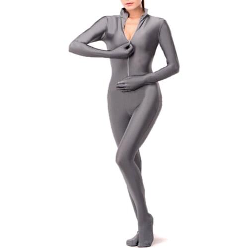 Kid Adult Gray Front Zipper Mock Neck Zentai Costume Dancewear Unitard Bodysuit No Hood