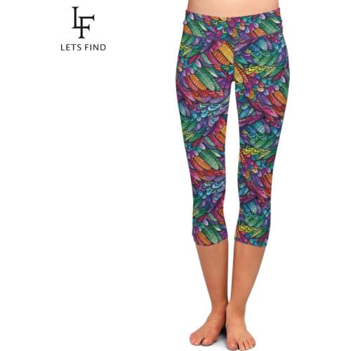 LETSFIND Summer Style 3D Colorful Feathers Design Digital Printing Capri Leggings High Waist Women Mid-Calf 3/4 Pants Plus Size