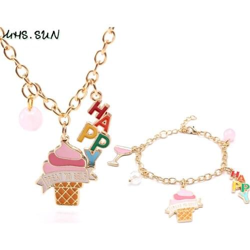 MHS.SUN cute baby girls fashion ice cream/HAPPY letter pendant necklace diy chain jewelry charms necklace bracelet kids gift