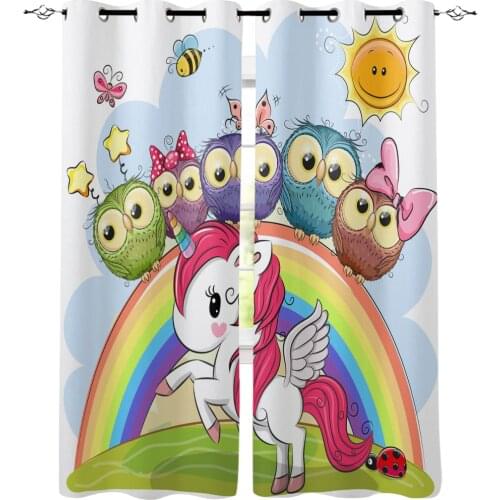 Cute Unicorn Insect Owl Meadow Sun Rainbow Window Curtains Kitchen Print Kids Curtain Panels With Grommets Window Treatment