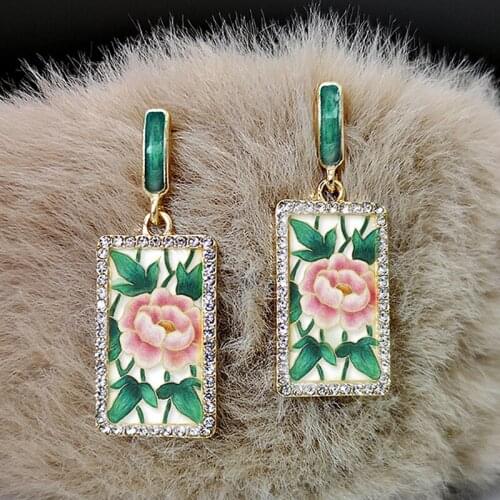 Fashion Rose Printing Enamel Pendants Earrings Korean 14K Gold-Plated Inlaid Miniature White Diamond Green Leaf Flower Earrings