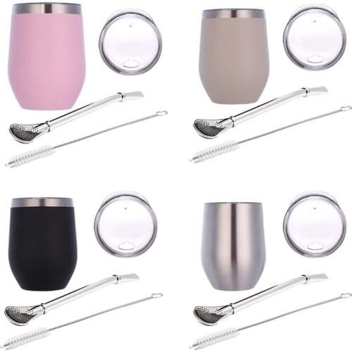 Double-Wall Stainless Yerba Gourd Mate Tea Set Water Mate Tea Cup with Lid Spoon Straw Bombilla Head Filter Brush