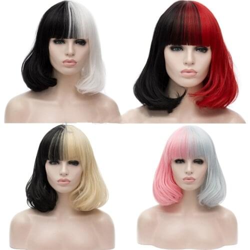 Anime CRUELLA De Vil Short White And Black Wig For Deville Hair Heat Resistant Cosplay Costume Wigs Movie Halloween Party Hair