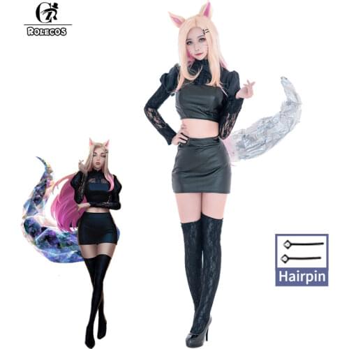 ROLECOS Game LOL KDA Ahri Cosplay Costume LOL KDA The Baddest Ahri Cosplay Sexy Women Black Uniform Costume Halloween Skirt Sock