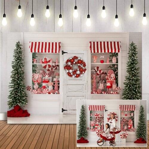Christmas Candy House Photography Backdrop Pine Tree Red Bell Kids Children Background for Portrait Photo Studio Retro Wood Door