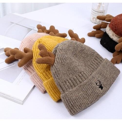 2021 Christmas Knitted Hat Winter Women Cute Antlers Warm Beanies Deer Embroidery Designer Bonnet Cap Christmas Day Decorate
