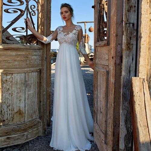 A-Line Chiffon Wedding Dresses 3/4 Sleeves Lace Appliques Button Summer Beach Bridal Gowns Floor Length O-Neck Vestidos De Noiva