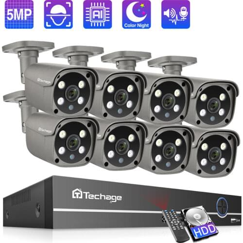 Techage 8CH 5MP Security Camera System CCTV Video Surveillance Kit Outdoor IP Camera POE NVR AI Human Detected Two-way Audio P2P