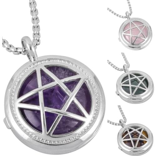 TUMBEELLUWA Natural Stone Flat Beads Locket Pendant Necklace,Sliver Color Hollow Star Reiki Chakra Crystal Charms Unisex Jewelry