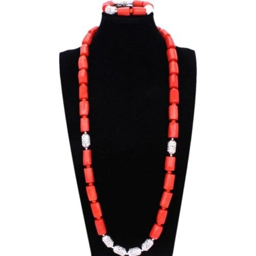 4UJewelry Nigerian Men Nature Original Coral Beads Jewelry Set For Nigerian Weddings Orange African Bridal Necklace & Bracelet