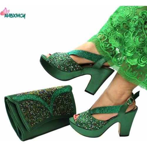 Green Mature Style African Women Shoes and Bag to Match Slingbacks Sandals with Shinning Crystal for Wedding Party