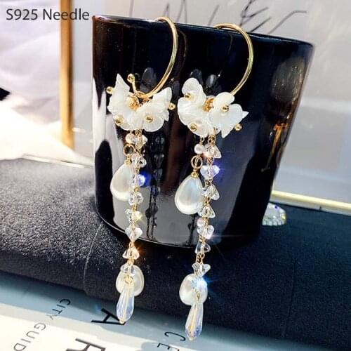 Real 925 Sterling Silver Needle Long Dangle Drop Earrings for Women Jewelry Flower Crystal Fairy Tassel Female Earrings Charms