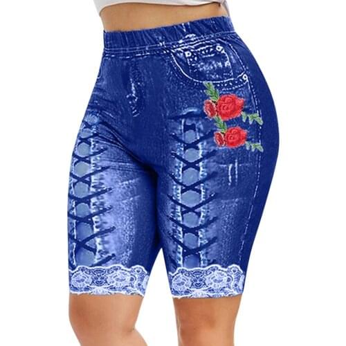 Denim Jeans Shorts For Women 2021 Elastic Waist Floral Print Bandage Short With Pockets Plus Size Shorts jeans feminino