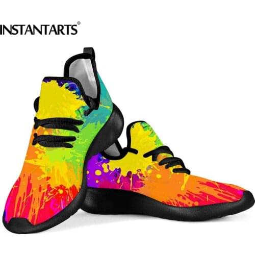 INSTANTARTS Rainbow Paint Pattern Flats for Women Colorful Casual Mesh Sneakers Lace up Knit Shoes Comfortable Footwear Zapatos