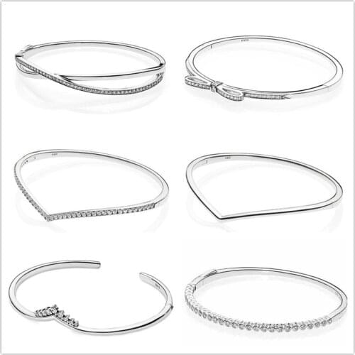 925 Sterling Silver Quality Sparkling Bow With Cubic Zirconia Bangle Bracelet Fit Women Bead Charm pandora Jewelry