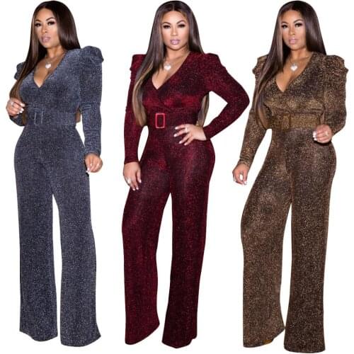 Women Plus Size Long Sleeve Wide Leg Bodycon Jumpsuit Shining Sparkly V-neck Belt Solid Fall Female Overall NightClub Clothes