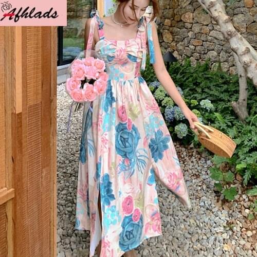 Elegant Floral High Waist Dress 2021 Summer New Lace-up Beach Holiday Bohemian Print Sleeveless Women Slash Neck Vestidos