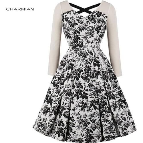 Charmian Womens Floral Print Vintage Midi Dress Sexy Party Autumn Dress Long Sleeves High Waist A line Casual Dress Vestidos