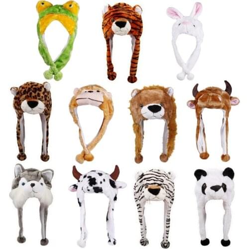 Adult Kids Winter Cute Plush Animal Character Beanie Hat with Pom Pom Ends Long Straps Funny Stuffed Toy Earflap Cap Cosplay Par